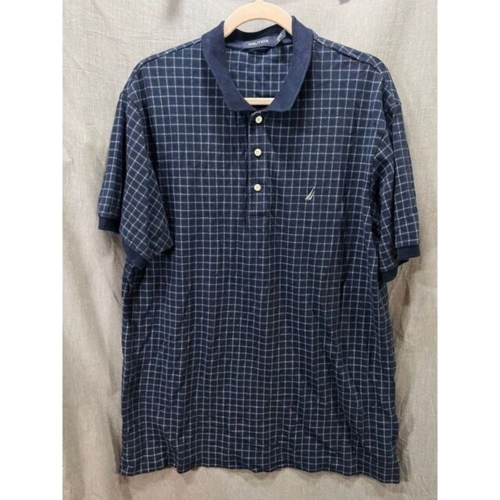 Nautica Polo Shirt Adult Large Blue Check Short Sleeve Button Golfer Mens
